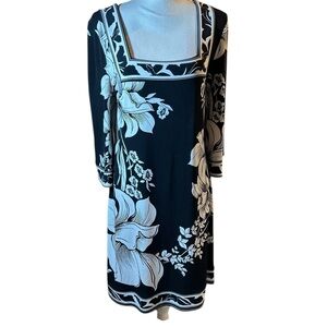 White House Black Market Black & White Floral  Square Neck Long Sleeve Dress